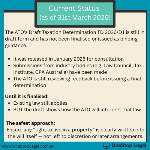 Current Status (as of 31st March 2026) The ATO’s Draft Taxation Determination TD 2026/D1 is still in draft form and has not been finalised or issued as binding guidance. OneStop Legal